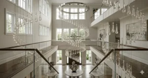 Extra long spiral raindrop crystal chandelier installed in a high-ceiling grand entryway.