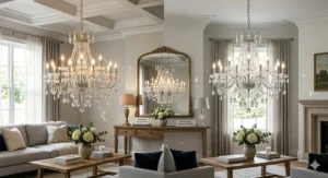 A side-by-side style comparison showing how affordable crystal chandeliers provide a high-end luxury look for less.