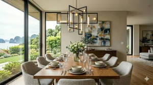 Modern chandelier combining matte black metal and gold accents to create a sophisticated, high-contrast focal point.