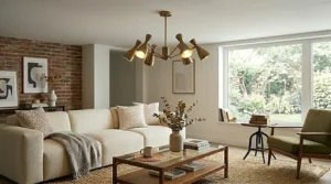 Mid-century brass chandelier with adjustable arms styled for a compact living room layout.