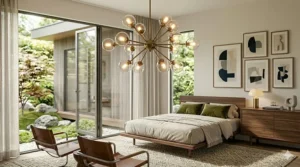 A low-profile mid-century modern chandelier adding a retro touch to a contemporary master bedroom.