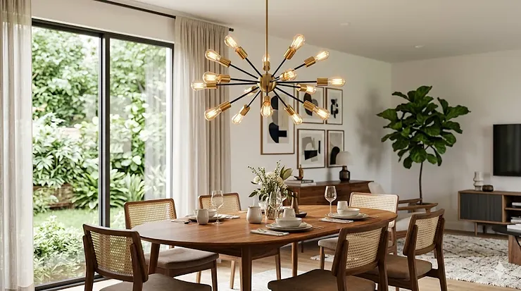 A brass mid-century modern chandelier with globe lights hanging above a wooden dining table.