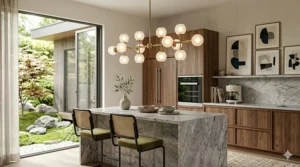 Linear mid-century modern chandelier with frosted glass shades installed over a marble kitchen island.