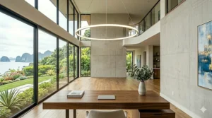 Ultra-slim LED ring chandelier in a minimalist office setting, showcasing smart-lighting design intelligence.