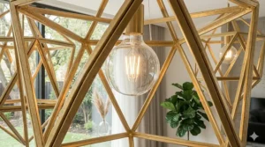 Minimalist living room design featuring a simple black linear geometric chandelier.