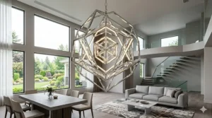 Minimalist modern crystal chandelier with geometric shapes and LED lighting.