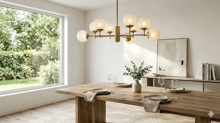 A luxury modern brass chandelier with frosted glass globes hanging over a contemporary wooden dining table.
