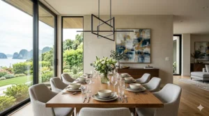 Sleek black linear suspension light hanging over a long wooden dining table in a minimalist home.