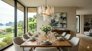 Hand-crafted alabaster stone chandelier with organic flowing shapes, a top choice for 2026 interior trends.