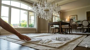 Illustration of a thick blanket or drop cloth placed on the floor underneath a hanging light fixture.