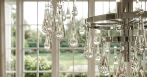 Close-up detail of individual polished glass droplets on a raindrop crystal chandelier reflecting light.
