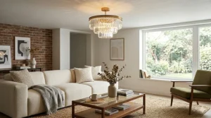 Elegant crystal semi-flush mount chandelier providing a luxury feel in a small living room with an 8-foot ceiling.