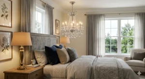 A small, affordable crystal chandelier providing soft ambient lighting in a cozy master bedroom.