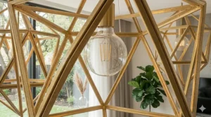 A multi-tier modern geometric chandelier hanging from a high vaulted ceiling in a spacious lounge.