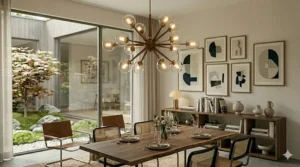 Mid-century modern chandelier combining walnut wood accents and antique brass sockets.