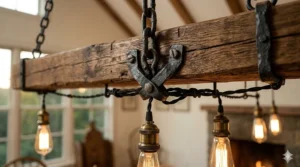 Hand-forged black iron chains and hardware attached to a dark oak wood beam.