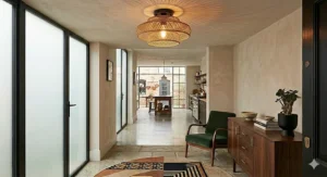 Boho style woven rattan and black flush mount ceiling light creating warm textured shadows.