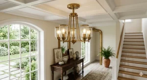An antique brass multi-bulb semi-flush mount ceiling light illuminates an elegant entryway foyer with arched windows and a detailed wooden console table.