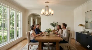 A photorealistic dining room with natural light features a 5-bulb brushed nickel semi-flush mount ceiling light illuminating a rustic wooden table with people dining.