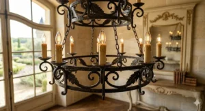 Wrought iron chandelier rustic look featuring flickering flame candle bulbs.
