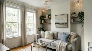 Polished chrome mini crystal chandelier reflecting light in a bright, small living room.