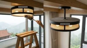 Diagram showing dust accumulation areas and accessibility differences when cleaning flush mount versus semi-flush mount lighting.