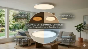 Split screen graphic demonstrating dimmable features of an led flush mount living room light transitioning from warm yellow to cool white light shades