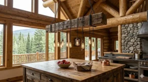 Reclaimed wood beam chandelier with Edison bulbs suspended by black chains over a farmhouse kitchen island.