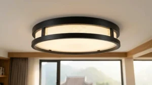 Close-up illustration of a modern flush mount fixture sitting directly against the ceiling with no visible gap.