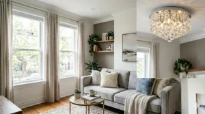 Compact flush-mount mini crystal chandelier designed for small living rooms with low ceilings.