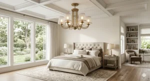 Elegant multi-arm brass semi-flush mount ceiling lights with frosted glass shades installed above a luxurious king-size bed in a naturally lit master bedroom.