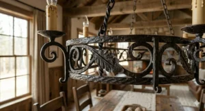 Close-up of hand-forged scrollwork on a rustic black wrought iron chandelier.
