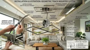 Step-by-step installation diagram for mounting a standard flush mount light fixture to a living room ceiling box.