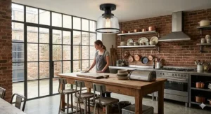 Industrial style black flush mount ceiling light with glass shade installed over a modern kitchen island.
