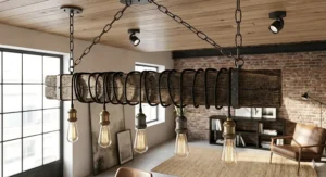 Industrial style wood beam light fixture featuring wrapped cords and vintage filament bulbs.