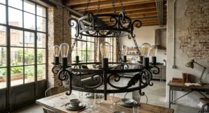 Modern industrial and rustic wrought iron chandelier with matte black finish and chain link.