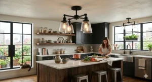 Matte black industrial semi-flush mount ceiling lights with seeded glass shades illuminate a modern kitchen island in natural daylight.