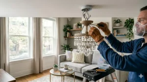 Easy installation of a lightweight mini crystal chandelier in a small apartment living room.