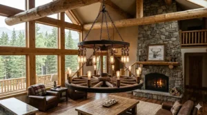 A double-tier black metal wagon wheel chandelier featuring candle-style LED bulbs for a rustic entryway.