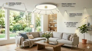 Living room lighting placement blueprint mixing an architectural led flush mount living room main light source with peripheral recessed spotlights and floor lamps