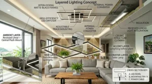 Interior design diagram showing how to layer flush mount living room lights with accent lamps and wall sconces.