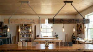 Side-by-side comparison of light pine and dark walnut rustic wood beam chandeliers.