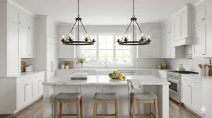 A linear modern farmhouse chandelier with Edison bulbs hanging over a white marble kitchen island.