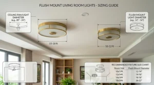 A size guide illustration showing how to measure and choose the correct diameter for flush mount living room lights.