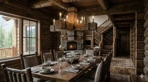 A heavy timber frame chandelier hanging above a solid wood dining table in a traditional log home.