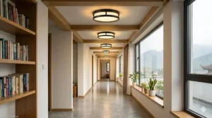 A narrow home hallway illuminated by a sleek, minimalist flush mount light fixture to maximize clearance space.