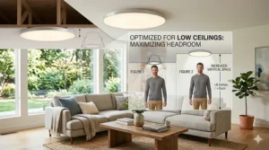 Cozy small space interior design proving how an ultra thin led flush mount living room fixture maximizes vertical clearance over a coffee table