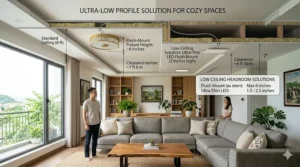 Illustration of a low ceiling living room utilizing a low-profile flush mount light fixture to save vertical space.