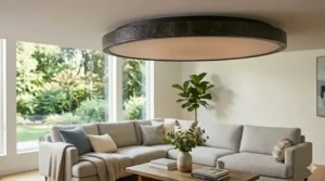 Industrial style square matte black led flush mount living room ceiling lamp adding contrast to a warm wooden accent wall setup