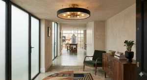 Mid-century modern black flush mount ceiling light with brass accents and exposed Edison bulbs.
